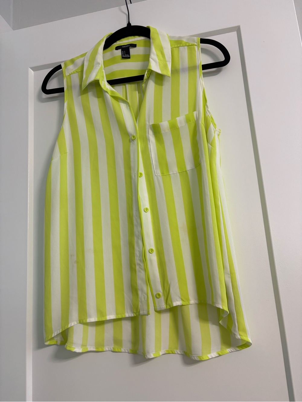Forever 21 Neon Yellow and White Striped Sleeveless Button Front Blouse